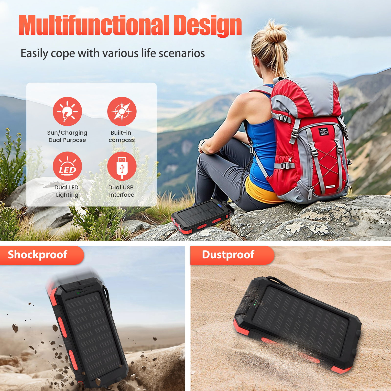 10000mAh Solar Power Bank Port - Outdoor Power Wire ulasan dan harga