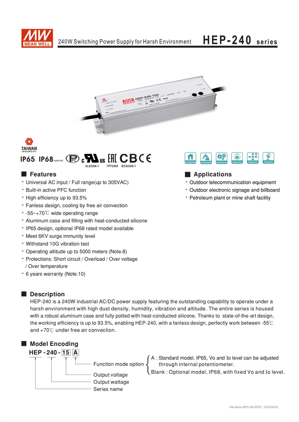 MEAN WELL HEP-240-12A, High Ef - Outdoor Power Supply 12V ulasan dan harga